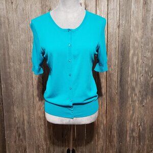 Ann Taylor MP PM Cardigan Sweater Turquoise Blue Short Sleeve Button Stretch